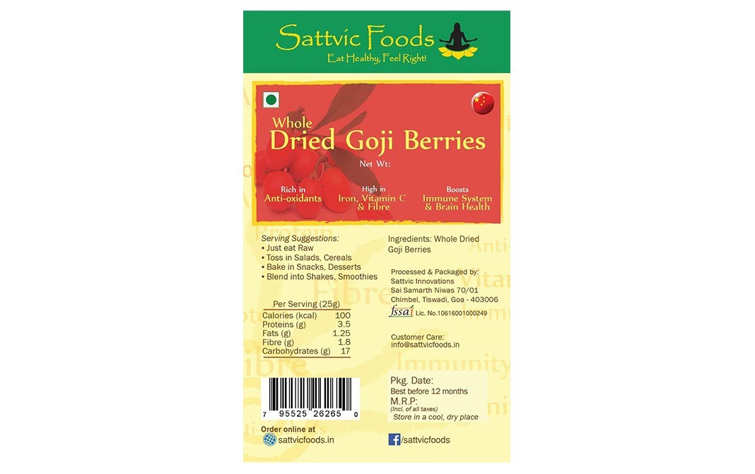 Sattvic foods Whole Dried Goji Berries    Pack  100 grams